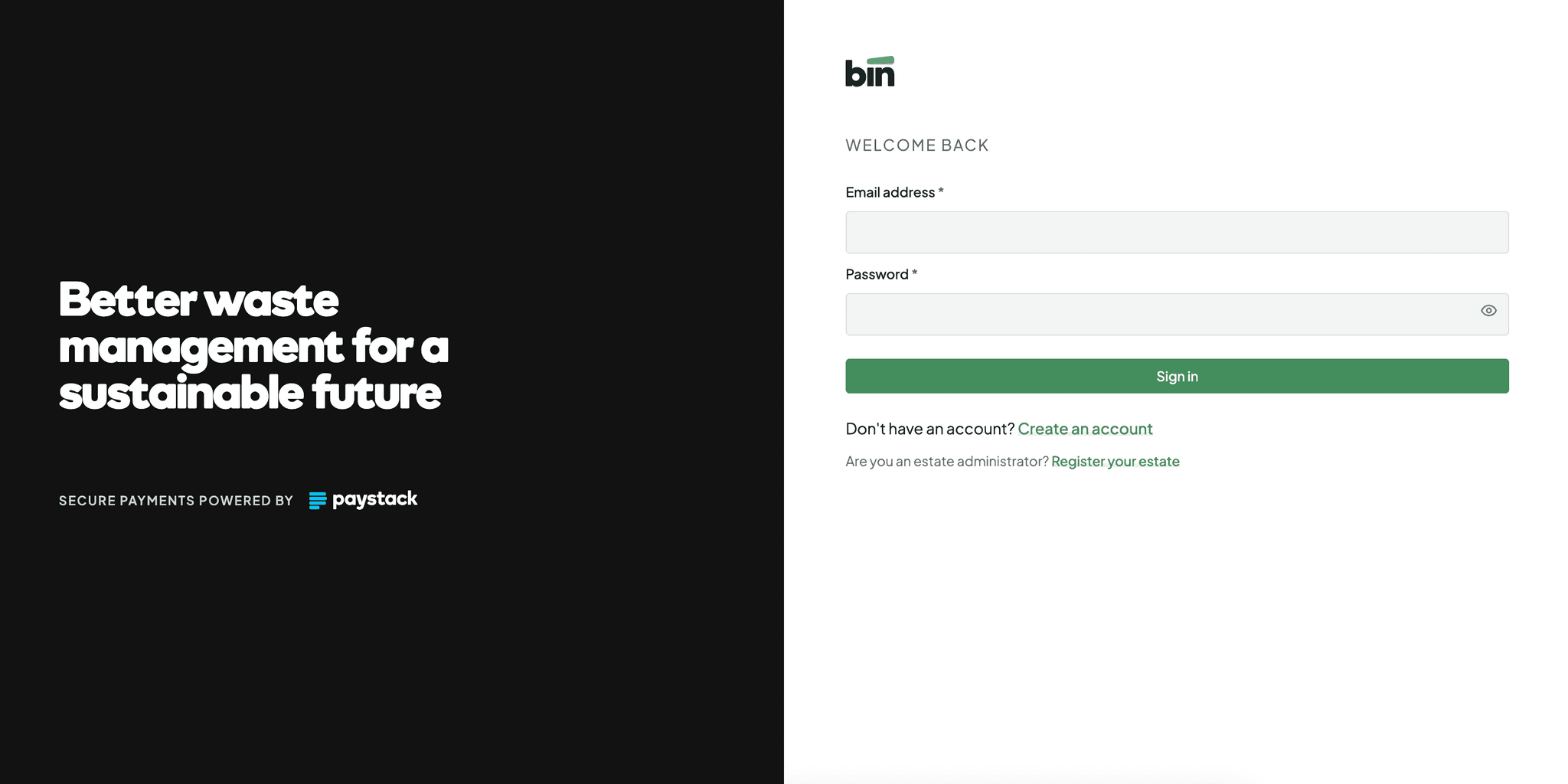 Bin Around The Bloc', A payment and reconciliation platform for residential estates, connecting configurable billing, resident self-service, Paystack payments, and operational reporting in one system. Built with Next.js, TypeScript, Supabase, and Paystack.